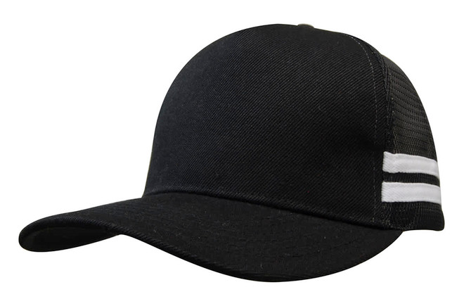A black trucker cap with a twill front and mesh back, featuring white stripes on the side.