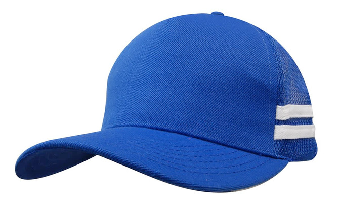 A blue deep fit trucker cap with a mesh back and white stripes on the side. It features a logo on the front.
