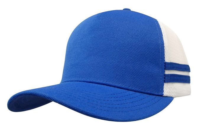 A blue trucker cap featuring a twill and mesh design with white stripes on the side and a curved brim.