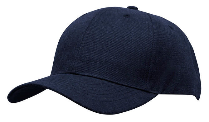A navy blue premium American twill cap with a curved brim and a logo on the front.