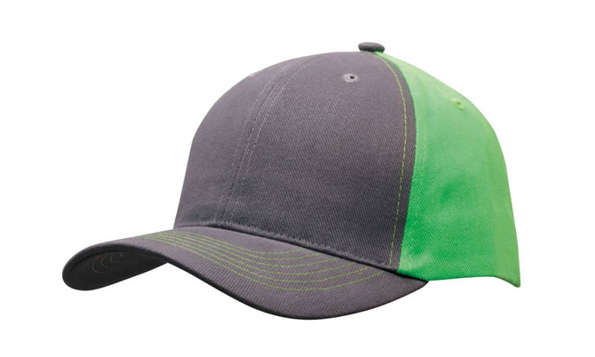 A cap with a grey front and a bright green back, featuring contrast stitching and a logo.