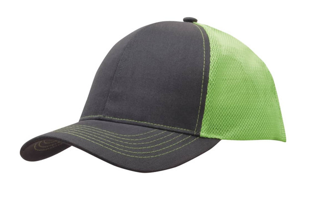 A brushed cotton cap with a mesh back, featuring a black front and bright green mesh side panels.