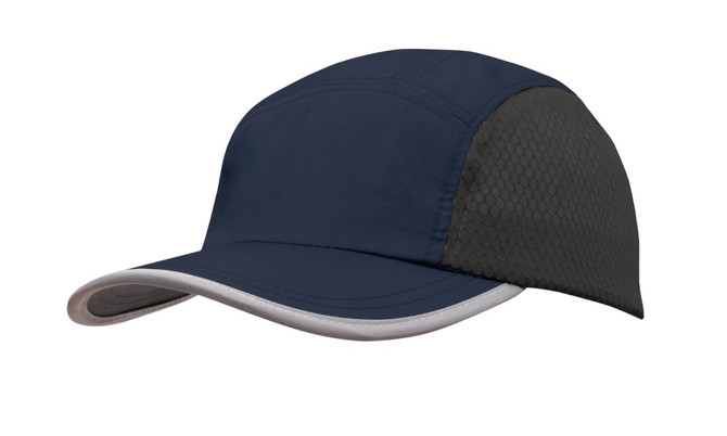 A navy cap featuring a bee hive mesh design on the side and a contrasting grey trim. It includes a logo.
