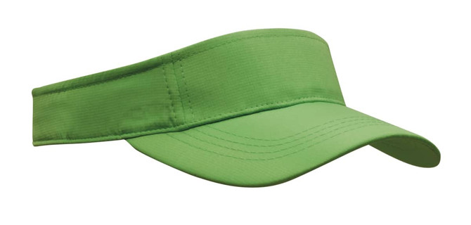 A green sports visor with a wide brim and adjustable band, featuring a branding logo.