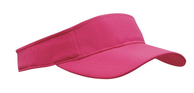 A pink sports visor with a wide brim and adjustable band, featuring a logo on the side.