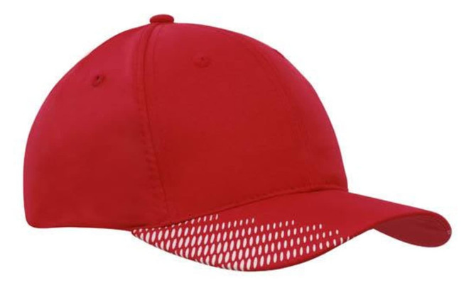 A red cap with breathable mesh panels and a curved peak, featuring a logo on the front.