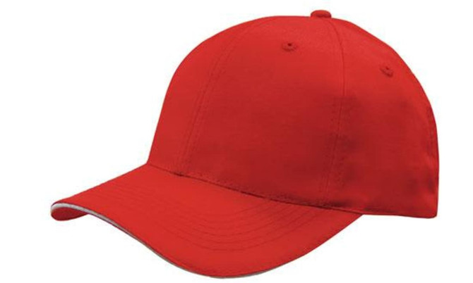 A red cap with a curved brim and sandwich trim, featuring a logo on the front.