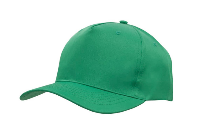 A green breathable poly twill cap with a curved brim and a smooth finish, featuring a logo on the front.
