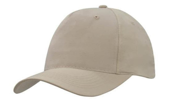 A breathable poly twill cap in a light beige colour, featuring a curved brim and a logo on the front.