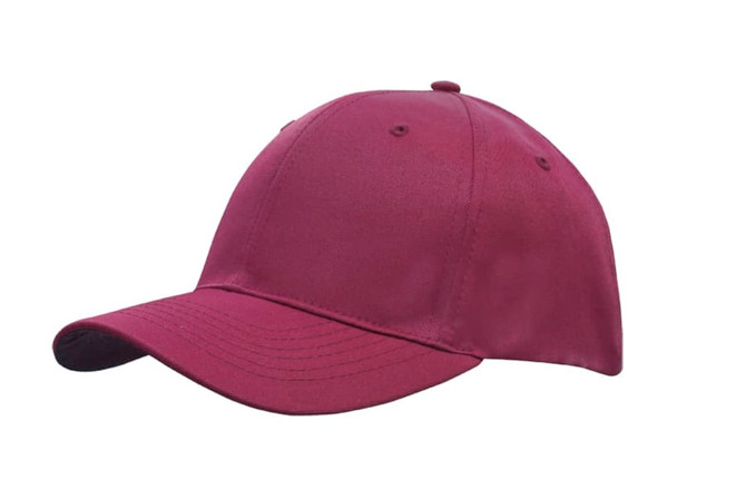 A maroon breathable poly twill cap with a curved brim and a logo on the front.