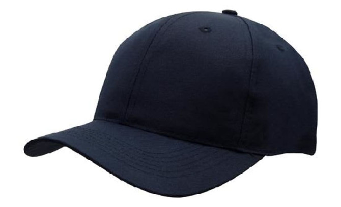 A navy breathable poly twill cap with a curved brim and a fitted design. Features a logo on the front.