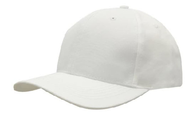 A white breathable poly twill cap with a curved peak and an adjustable back strap. Features a logo.