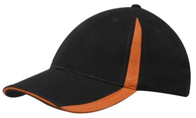 A black cap with orange inserts on the peak and crown. The cap features a logo on the side.