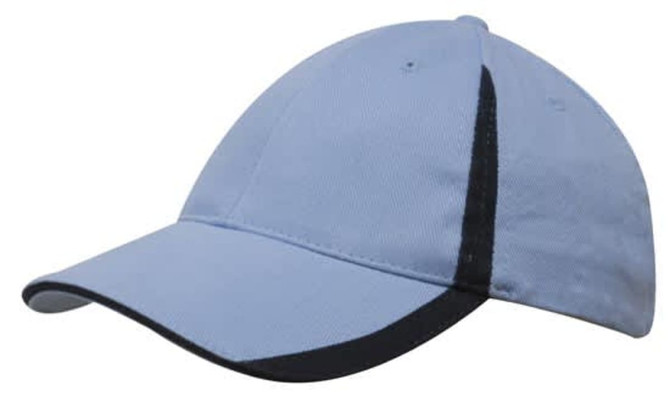 A blue cap with black inserts on the peak and crown, featuring a logo.