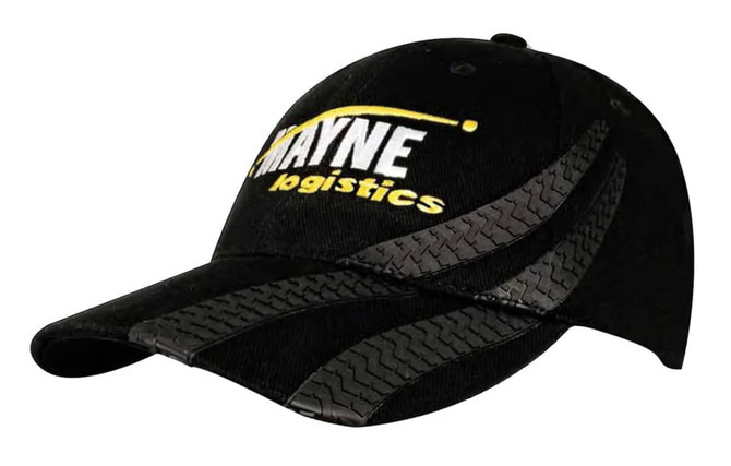 A black cap featuring tyre track designs and a logo on the front. The cap has a curved brim.