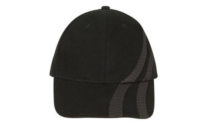 A black cap featuring tyre track designs on the front, with a logo on the side.