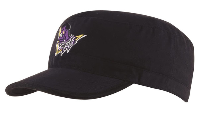 A black military cap with a flat visor and an embroidered logo on the front.
