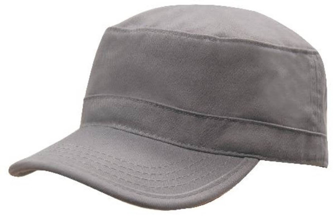 A grey military cap with a soft twill fabric and a structured brim, featuring a logo.