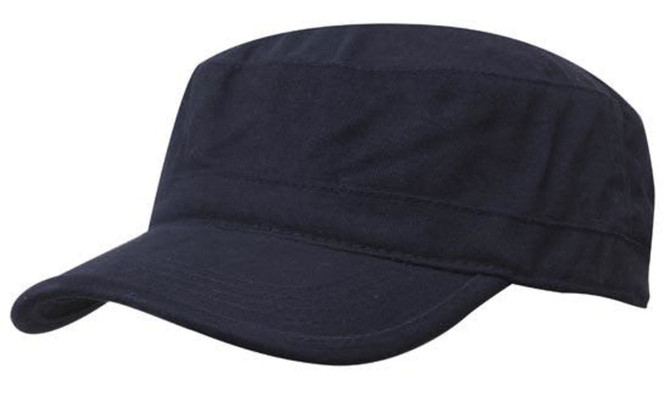 A navy blue sports twill military cap featuring a structured design and a logo.