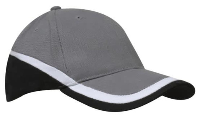 A tri-coloured cap featuring grey, black, and white panels, with a curved brim and a logo on the front.