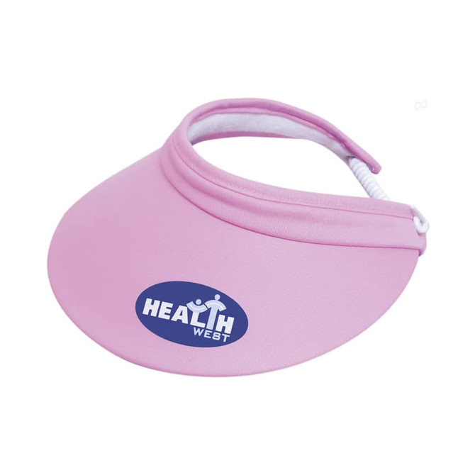 A pink sports visor with a wide brim and an adjustable strap, featuring a logo on the front.