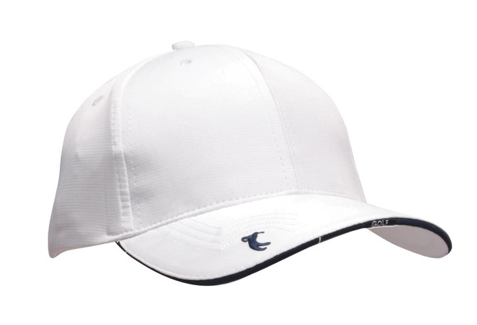 A white cap with a curved brim and a contrasting navy accent, featuring a logo on the side.