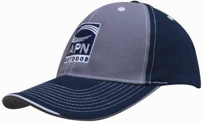 A two-tone cap in navy and grey with contrasting stitching and a front logo. Features an open lip sandwich style.