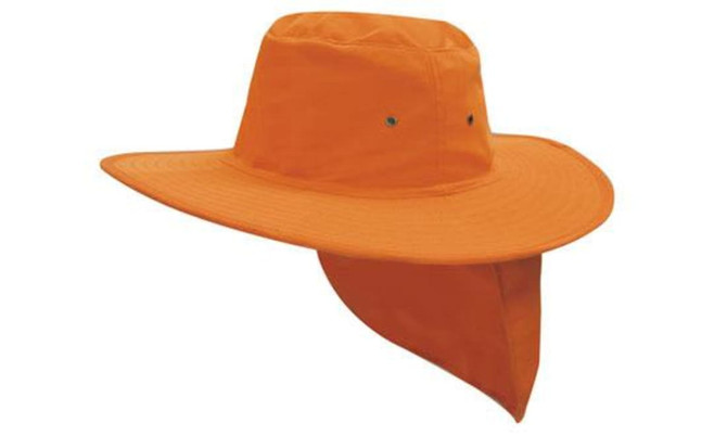 An orange canvas sun hat featuring a wide brim and a neck flap, with ventilation eyelets. It has a logo.