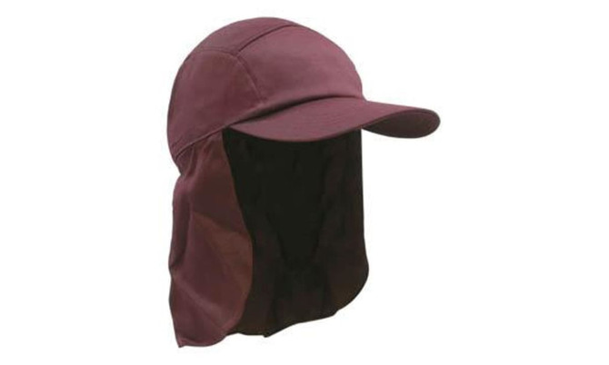 A maroon legionnaire cap featuring a protective neck flap and a curved brim. It has a logo on the side.