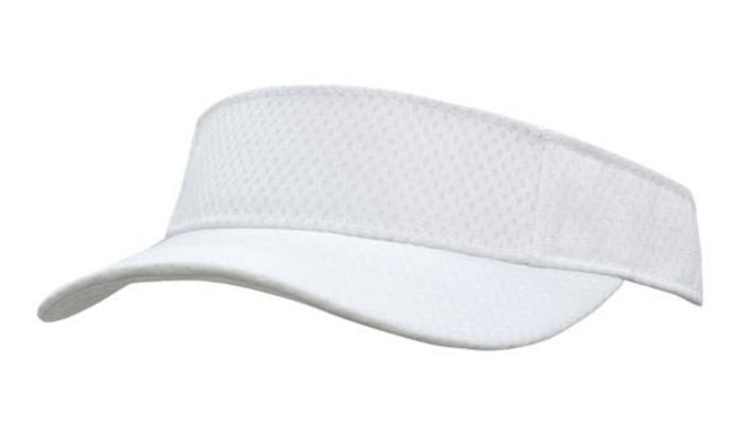 A white sports mesh visor with a breathable design and an adjustable strap. It has a logo on the side.