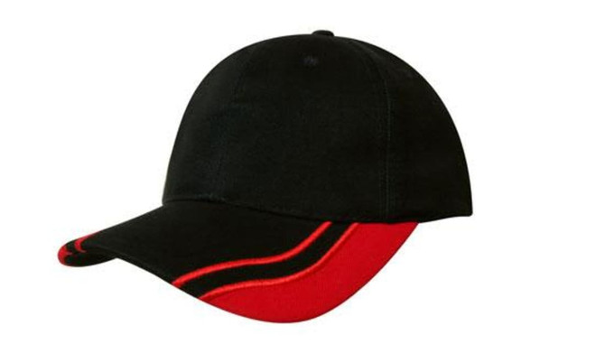 A black cap with a curved peak and red inserts, featuring a logo on the front.