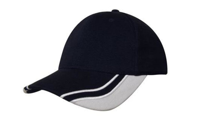 A navy cap with a curved peak and white inserts, featuring a logo on the front.