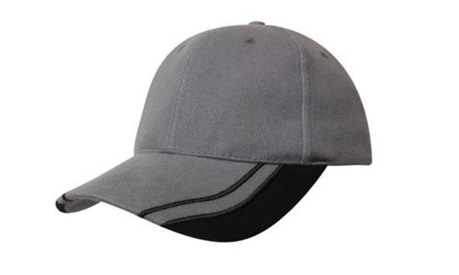 A grey cap with a curved peak and black inserts, featuring a logo on the front.