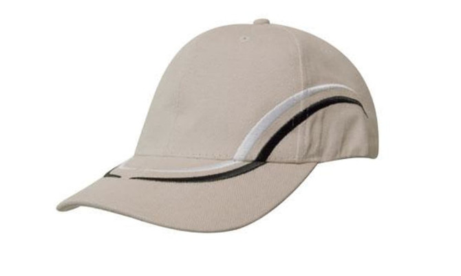 A beige cap featuring curved embroidery on the crown and peak, with a logo on the front.