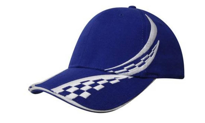 A blue cap featuring a white checkered design and curved embroidery, with a branded logo on the side.