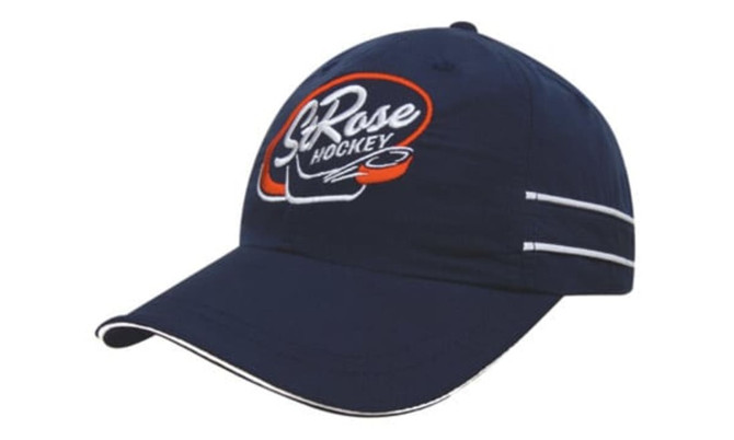 A navy blue microfibre sports cap featuring white piping and a logo on the front.