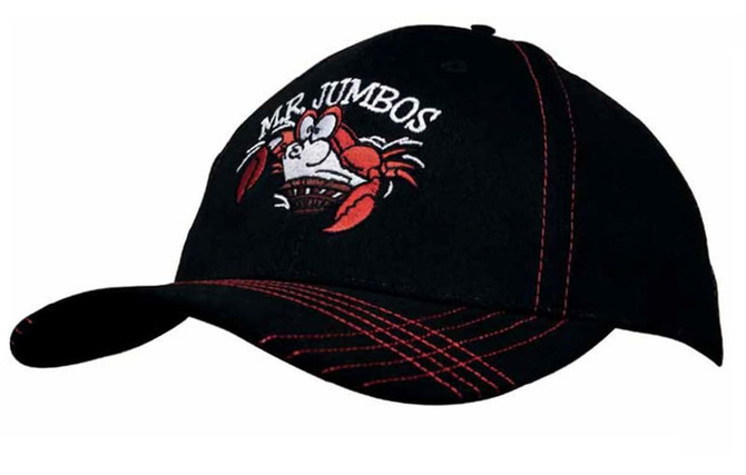 A black cap with contrasting red stitching and an embroidered logo of a crab.