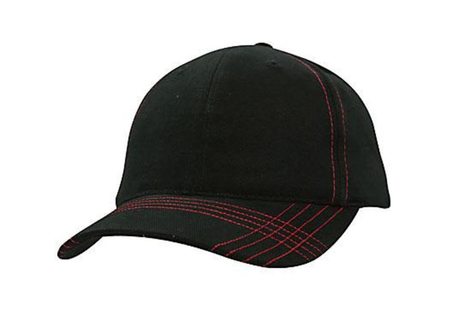 A black cap featuring contrasting red stitching and a cross-stitched peak, with a logo on the front.