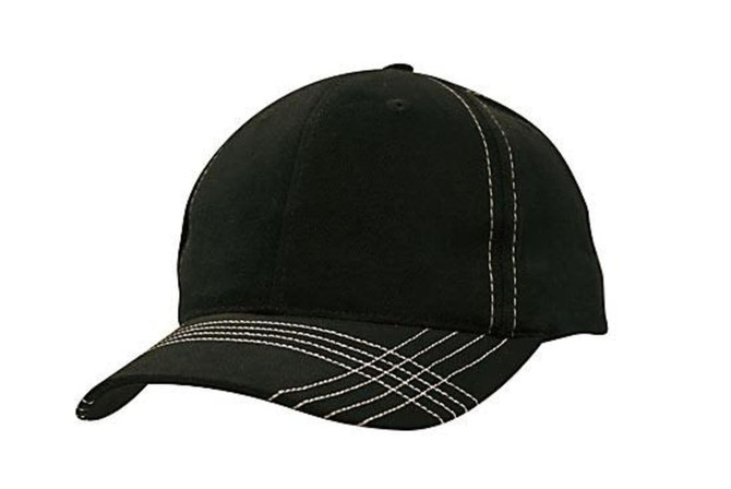 A black cap featuring contrasting white stitching and a cross-stitched peak. It has a logo on the front.