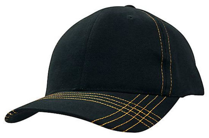A black cap with contrasting yellow stitching and a cross-stitched peak. It features a logo on the front.