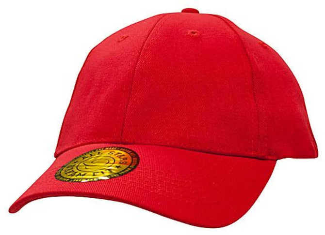 A red cap with a curved brim and a circular logo on the front.