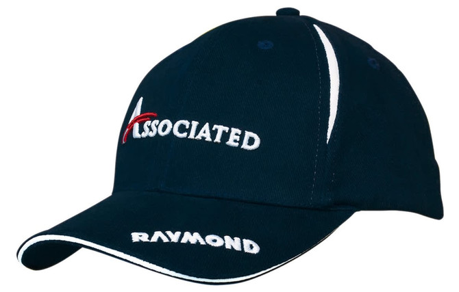 A navy blue cap with a curved brim, featuring white accents and logos on the front.