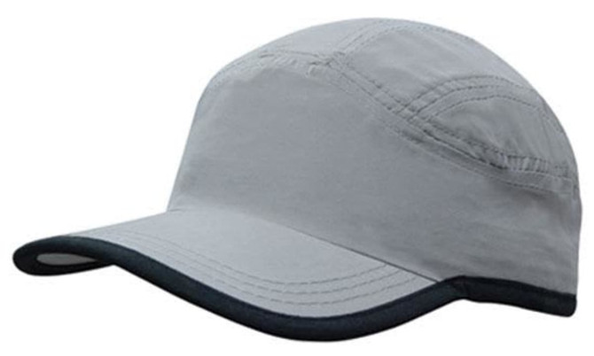 A grey microfibre sports cap featuring a black trim on the edge of the crown and peak, with a branded logo.