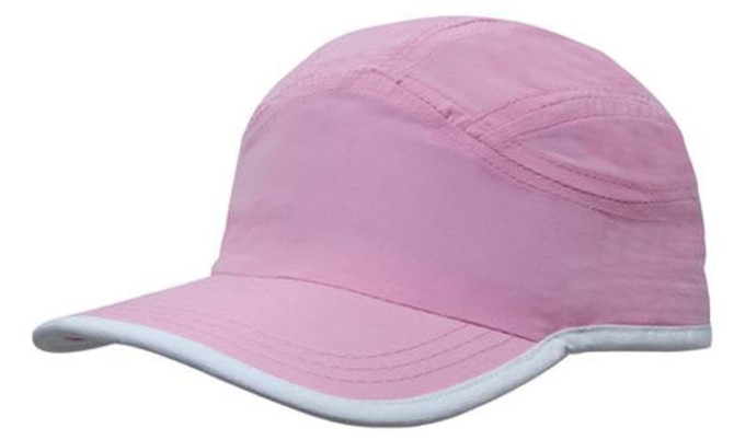 A pink microfibre sports cap with white trim along the edge of the crown and peak, featuring a logo.