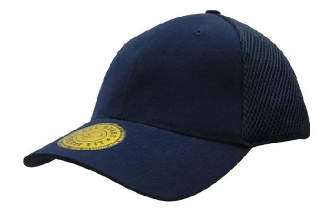 A navy cap with a mesh back and a circular logo on the front.