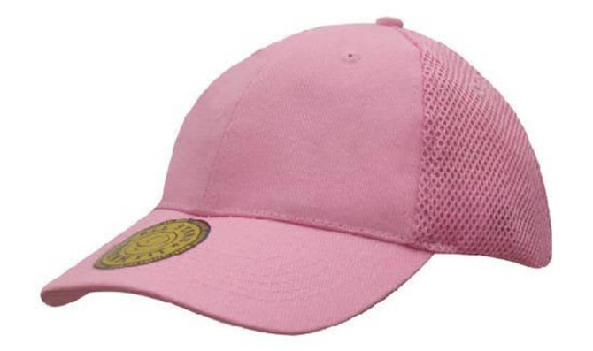 A pink cap featuring mesh sides and a round logo on the front.