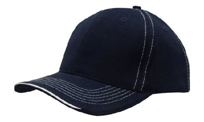 A navy blue cap with contrasting white stitching and an open lip sandwich design. It features a logo.