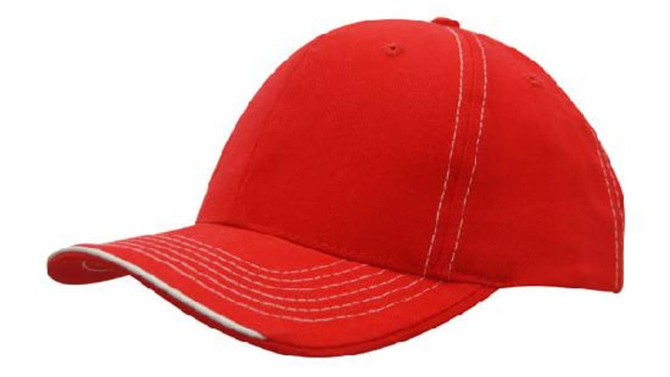 A red cap with contrasting white stitching and an open lip sandwich design. It features a logo on the front.