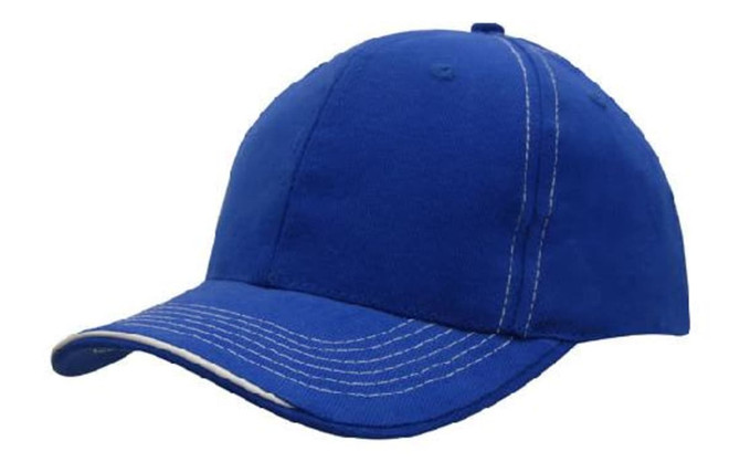 A blue cap featuring contrasting white stitching and an open lip sandwich design. It has a logo on the front.