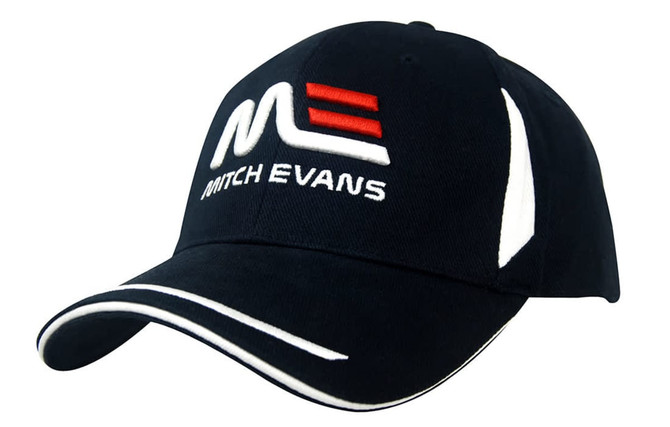 A navy cap with a white trim, featuring a branded logo on the front.